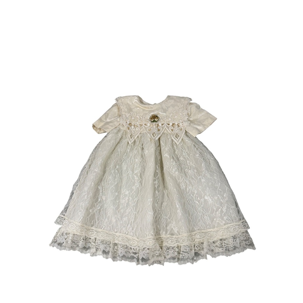 Vintage Kids Cream Lace Formal Dress Jacquard Floral Rosette Size 2T Made in USA